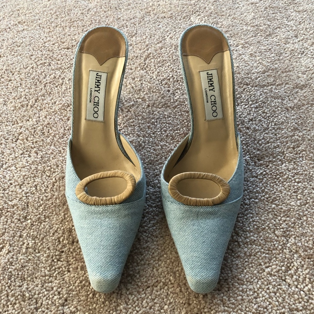 Jimmy Choo pre loved light denim mules. size 8.5